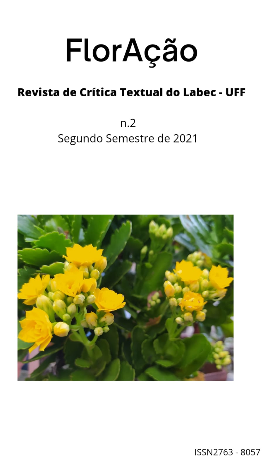 Título da Revista, seguido de seu subtítulo, informação sobre número e semestre. Mais abaixo, está a imagem de flores amarelas e, na margem inferior direita, o ISSN